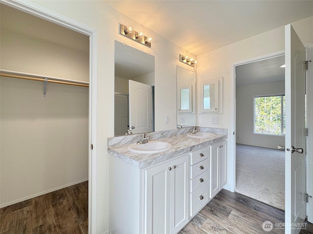 303 Critter Country Trl, Sequim, WA 98382 - bathroom with wood finished floors, double vanity, and a walk in closet