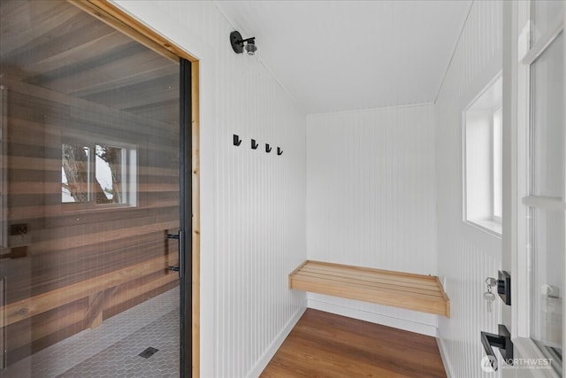 150 Cliff Robinson Ln, Sequim, WA 98382 - mudroom featuring baseboards and wood finished floors