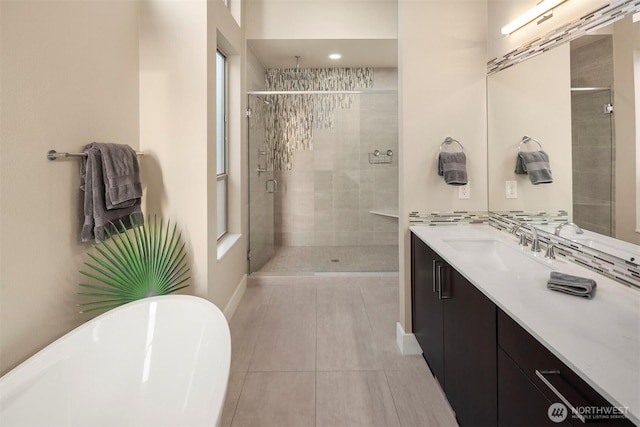 3003 Mountain View Ave N, Renton, WA 98056 - full bathroom featuring a stall shower, vanity, a freestanding bath, and tile patterned floors