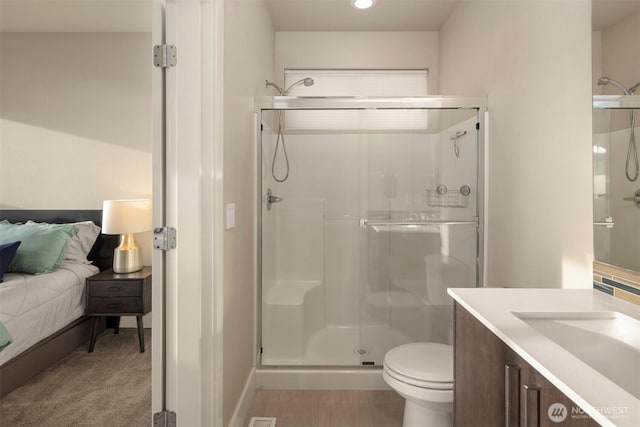 3003 Mountain View Ave N, Renton, WA 98056 - bathroom with a stall shower, vanity, and recessed lighting