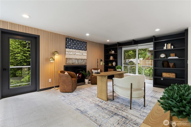 18510 NE 15th Pl, Bellevue, WA 98008 - living room with healthy amount of natural light, a large fireplace, recessed lighting, and built in features