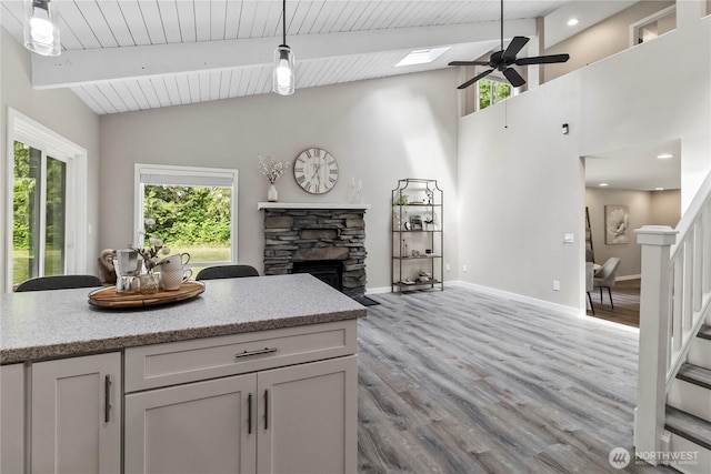 1535 Ten Mile Rd, Everson, WA 98247 - kitchen featuring a stone fireplace, healthy amount of natural light, ceiling fan, a skylight, and recessed lighting