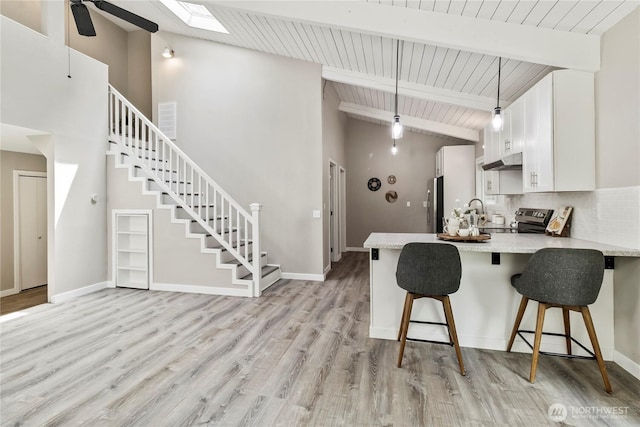 1535 Ten Mile Rd, Everson, WA 98247 - kitchen featuring stainless steel appliances, under cabinet range hood, a skylight, high vaulted ceiling, and tasteful backsplash