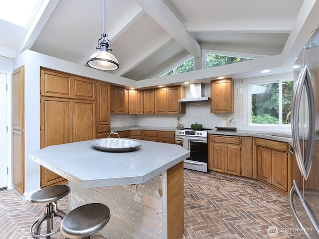 7819 25th Ave E, Tacoma, WA 98404 - kitchen with electric range, wall chimney range hood, brick floors, brown cabinetry, and light countertops