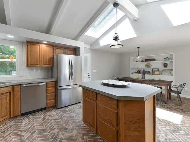 7819 25th Ave E, Tacoma, WA 98404 - kitchen with stainless steel appliances, a skylight, brown cabinets, brick flooring, and recessed lighting