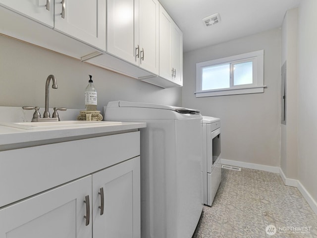 7819 25th Ave E, Tacoma, WA 98404 - laundry room featuring washer and dryer, cabinet space, electric panel, and light floors