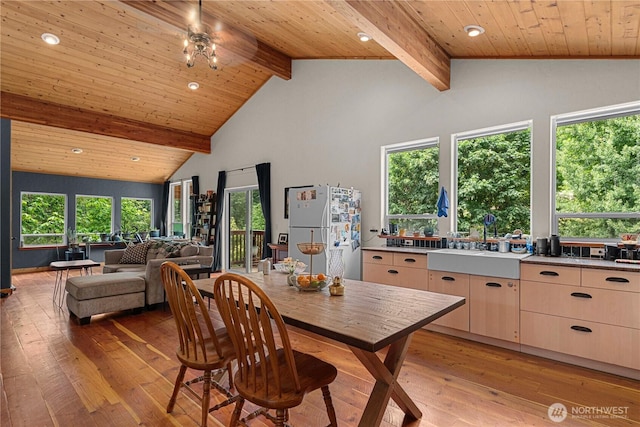 359 Timber Ridge Canyon Rd, Leavenworth, WA 98826 - dining space with light wood-style floors, a wooden ceiling with exposed beams, recessed lighting, and high vaulted ceiling