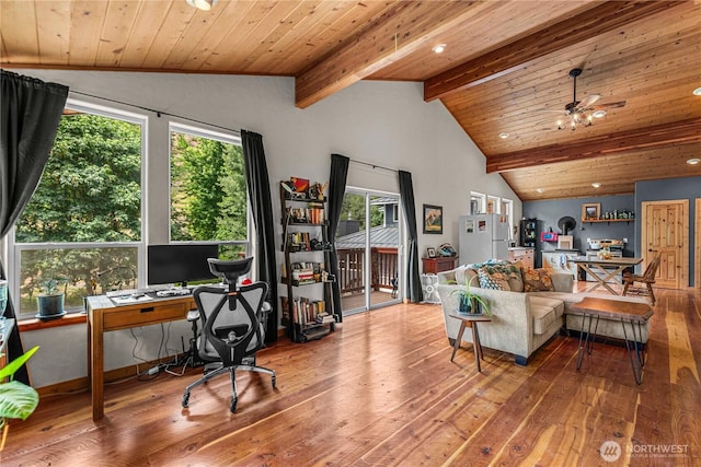 359 Timber Ridge Canyon Rd, Leavenworth, WA 98826 - living room with an office area, wood-type flooring, wooden ceiling, and recessed lighting