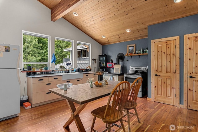 359 Timber Ridge Canyon Rd, Leavenworth, WA 98826 - kitchen featuring freestanding refrigerator, electric range, light wood finished floors, wooden ceiling, and recessed lighting