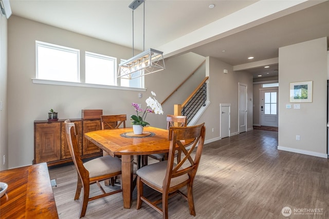707 Northview St, Bellingham, WA 98226 - dining area with wood finished floors, stairway, recessed lighting, and a chandelier