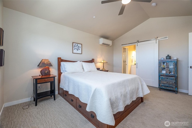 707 Northview St, Bellingham, WA 98226 - bedroom featuring a wall mounted air conditioner, a barn door, lofted ceiling, light carpet, and a ceiling fan