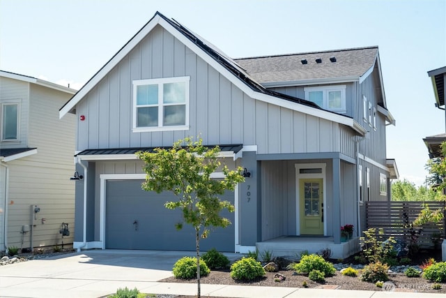 707 Northview St, Bellingham, WA 98226 - modern farmhouse with board and batten siding, concrete driveway, a garage, roof with shingles, and a standing seam roof