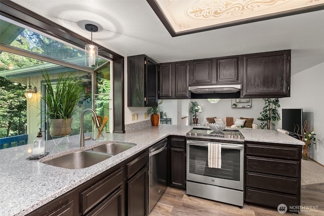 2735 Fordham Ct SE, Lacey, WA 98503 - kitchen featuring appliances with stainless steel finishes, light wood finished floors, light stone countertops, dark brown cabinetry, and a peninsula
