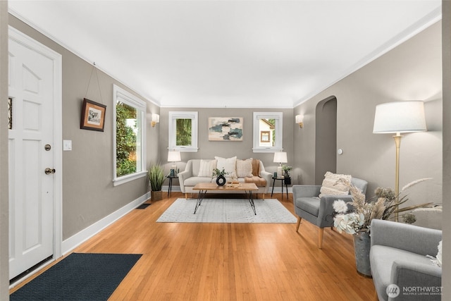 1230 NE 100th St, Seattle, WA 98125 - living area featuring light wood-style flooring, ornamental molding, and arched walkways