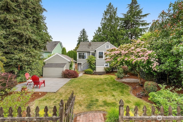 1230 NE 100th St, Seattle, WA 98125 - fenced yard with an outdoor structure, a patio area, and a garage
