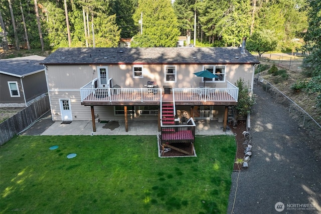 121 E Willapa Rd, Shelton, WA 98584 - rear view of property with a patio area, a deck, stairs, and a forest view