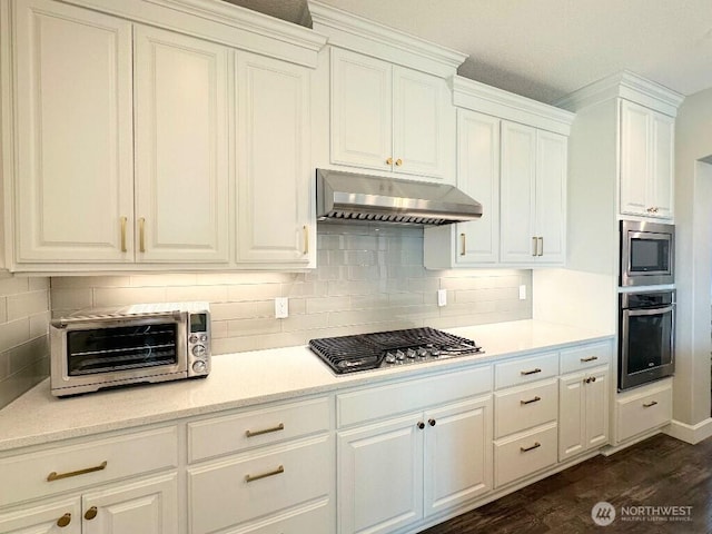 885 N Squire Dr, Ridgefield, WA 98642 - kitchen with appliances with stainless steel finishes, under cabinet range hood, light countertops, decorative backsplash, and white cabinets