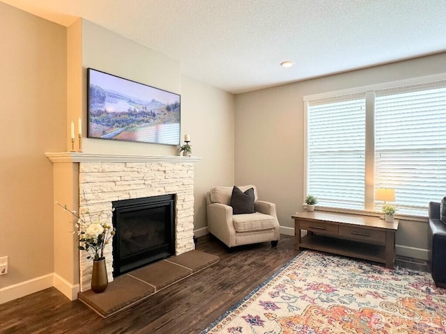 885 N Squire Dr, Ridgefield, WA 98642 - sitting room with wood finished floors, a stone fireplace, and a textured ceiling