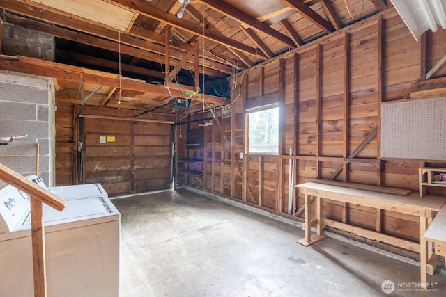 4638 148th Ave SE, Bellevue, WA 98006 - garage featuring wood walls, independent washer and dryer, and a garage door opener
