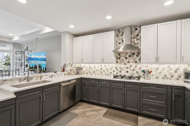 520 6th Ave Unit 2001, Kirkland, WA 98033 - kitchen with stainless steel appliances, wall chimney range hood, white cabinetry, light countertops, and decorative backsplash