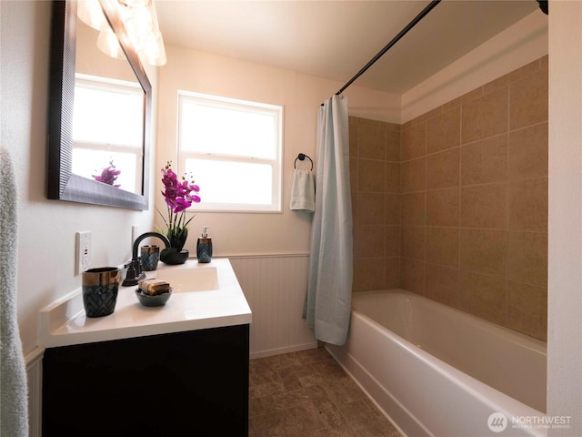 18111 46th Ave S, Seatac, WA 98188 - bathroom featuring vanity, shower / bath combo with shower curtain, and wainscoting