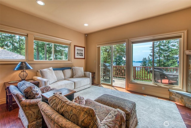 211 Geer Ln, Orcas Island, WA 98245 - living area featuring healthy amount of natural light, recessed lighting, and wood finished floors