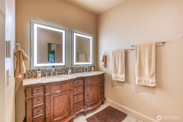 211 Geer Ln, Orcas Island, WA 98245 - bathroom with double vanity and decorative backsplash