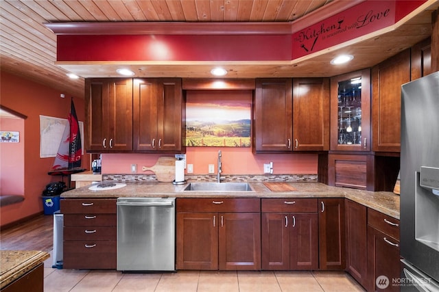 3151 Velvet Ln, Custer, WA 98240 - kitchen featuring stainless steel appliances, wood ceiling, glass insert cabinets, light tile patterned flooring, and recessed lighting