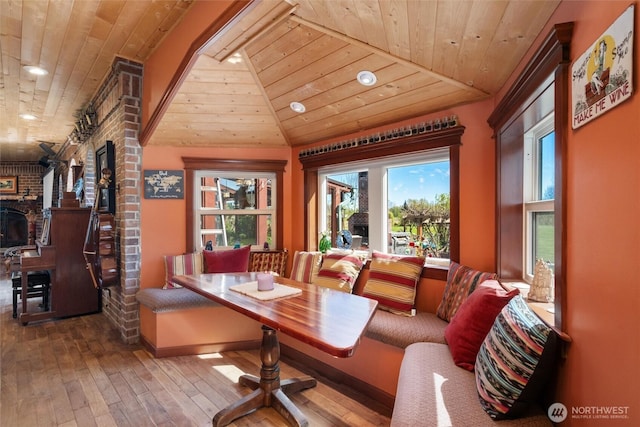 3151 Velvet Ln, Custer, WA 98240 - dining space with wooden ceiling, hardwood / wood-style floors, a fireplace, and recessed lighting