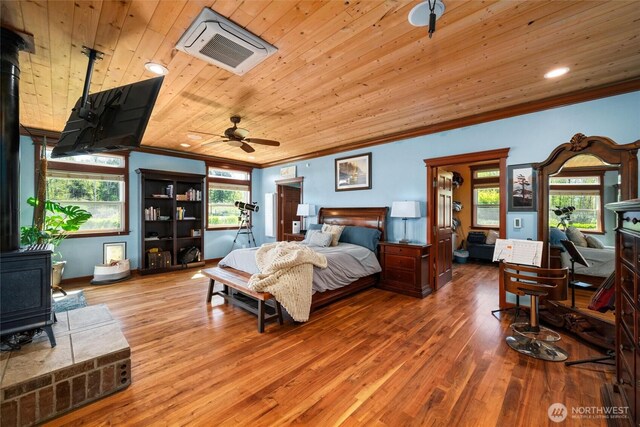 3151 Velvet Ln, Custer, WA 98240 - bedroom with a wood stove, ornamental molding, wood finished floors, and wood ceiling