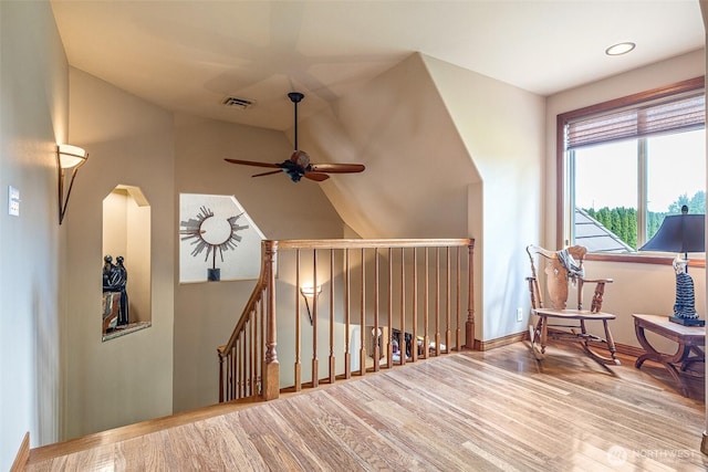 78718 Echols Rd, Hermiston, OR 97838 - living area with wood finished floors, ceiling fan, lofted ceiling, an upstairs landing, and recessed lighting