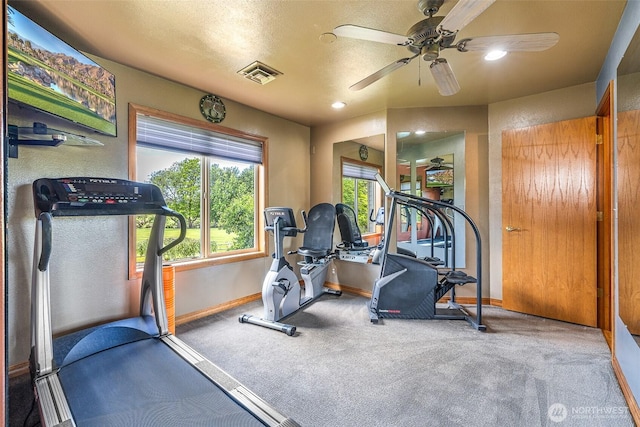 78718 Echols Rd, Hermiston, OR 97838 - exercise room featuring carpet flooring, ceiling fan, and recessed lighting