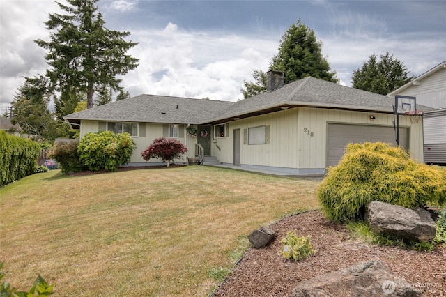 218 Holly Ln, Cosmopolis, WA 98537 - single story home featuring an attached garage, a chimney, a front yard, and a shingled roof