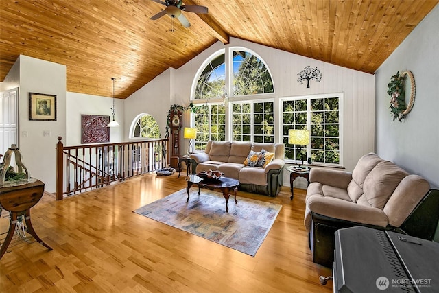 19322 Old Burn Rd, Arlington, WA 98223 - living area with a wooden ceiling with exposed beams, ceiling fan, wood finished floors, and high vaulted ceiling
