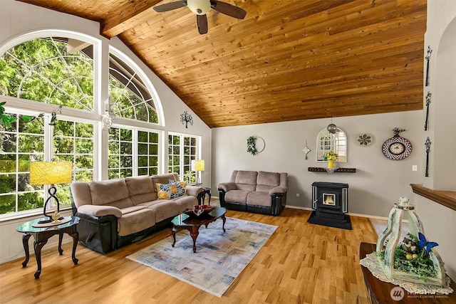 19322 Old Burn Rd, Arlington, WA 98223 - living room featuring healthy amount of natural light, a wood ceiling with exposed beams, a ceiling fan, light wood finished floors, and high vaulted ceiling