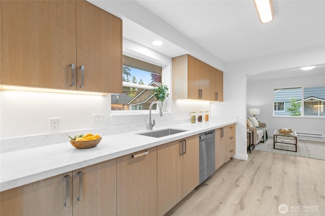 12023 35th Ave NE, Seattle, WA 98125 - kitchen featuring stainless steel dishwasher, light wood-style flooring, recessed lighting, and light brown cabinets