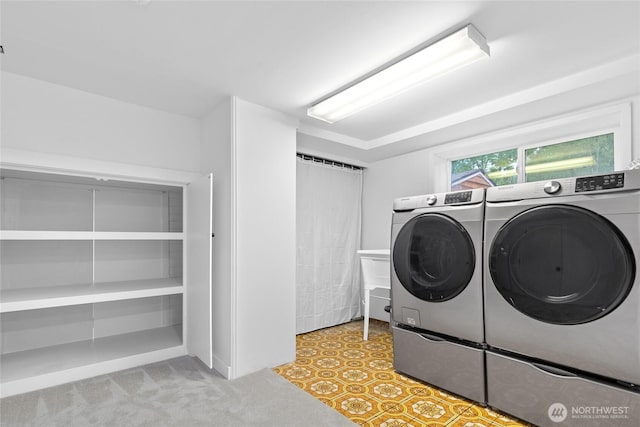 12023 35th Ave NE, Seattle, WA 98125 - laundry area featuring washer and dryer and carpet flooring