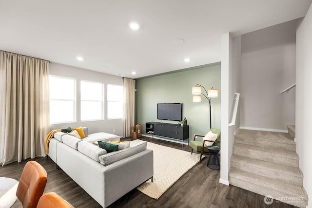 7404 281st St NW Unit 59, Stanwood, WA 98292 - living area featuring stairway, dark wood-type flooring, and recessed lighting