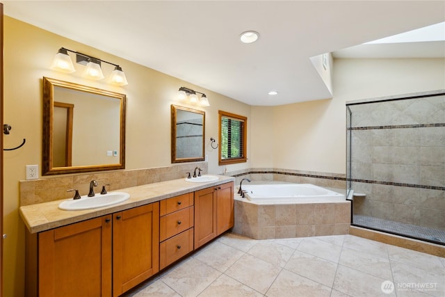 705 Shelter Bay Dr, La Conner, WA 98257 - bathroom featuring a bath, double vanity, a tile shower, recessed lighting, and tile patterned flooring