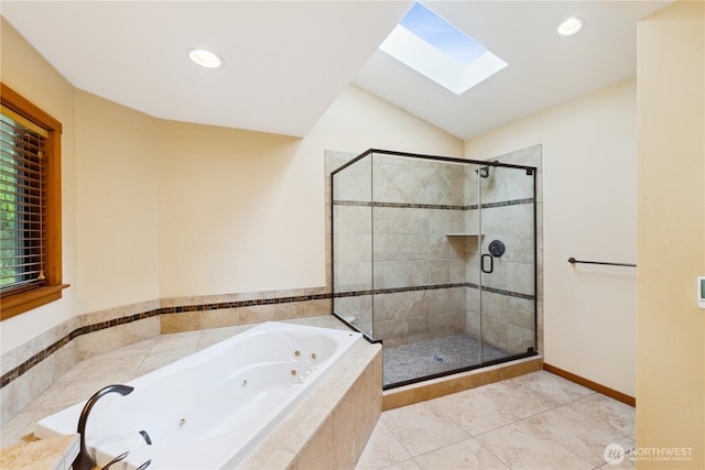 705 Shelter Bay Dr, La Conner, WA 98257 - bathroom featuring a skylight, a whirlpool tub, a stall shower, lofted ceiling, and recessed lighting