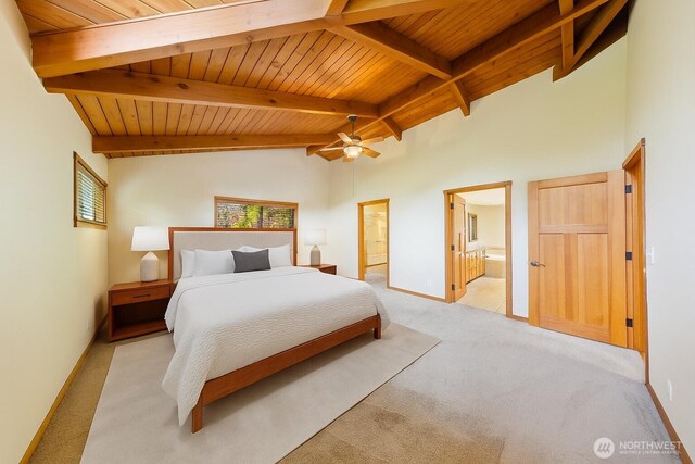 705 Shelter Bay Dr, La Conner, WA 98257 - bedroom with wooden ceiling, light carpet, and connected bathroom
