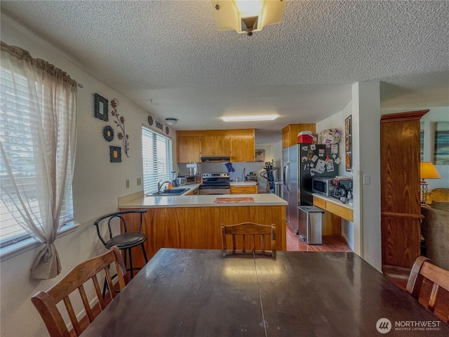 351N Grape, Moses Lake, WA 98837 - kitchen featuring appliances with stainless steel finishes, a peninsula, a textured ceiling, under cabinet range hood, and light countertops