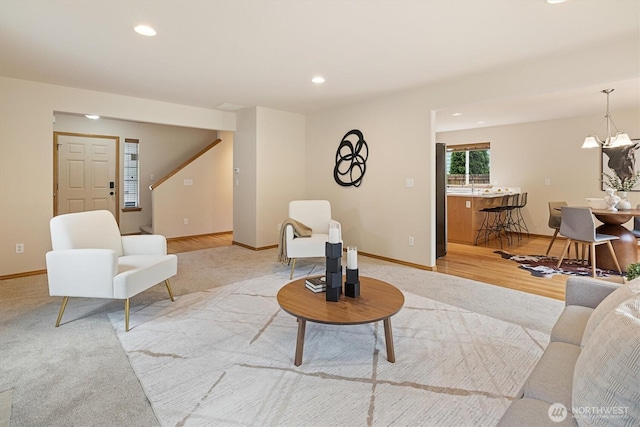 817 Darwins Way, Granite Falls, WA 98252 - living area with recessed lighting, light colored carpet, and stairs