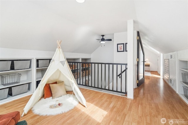 603 NW 52nd St, Seattle, WA 98107 - game room with wood finished floors, lofted ceiling, a ceiling fan, and built in features