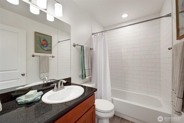 2063 13th Ave W, Seattle, WA 98119 - bathroom featuring vanity, shower / bath combo with shower curtain, and recessed lighting