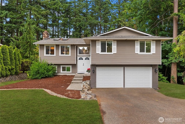 22625 1st Dr SE, Bothell, WA 98021 - bi-level home featuring driveway, an attached garage, a chimney, and a front lawn