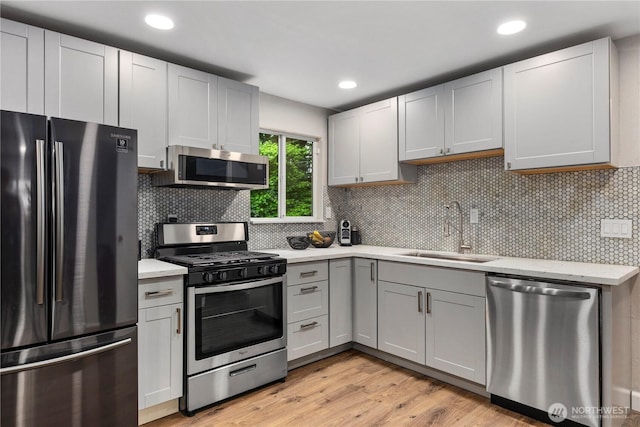 22625 1st Dr SE, Bothell, WA 98021 - kitchen with appliances with stainless steel finishes, light wood finished floors, decorative backsplash, gray cabinetry, and recessed lighting