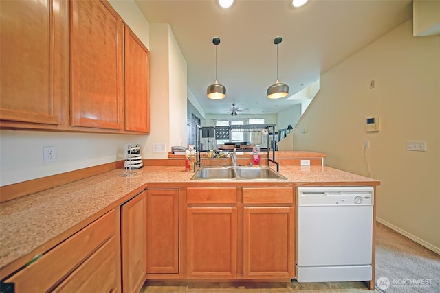 816 Cherry Ave, Sumner, WA 98390 - kitchen featuring dishwasher, a peninsula, a ceiling fan, light countertops, and decorative light fixtures