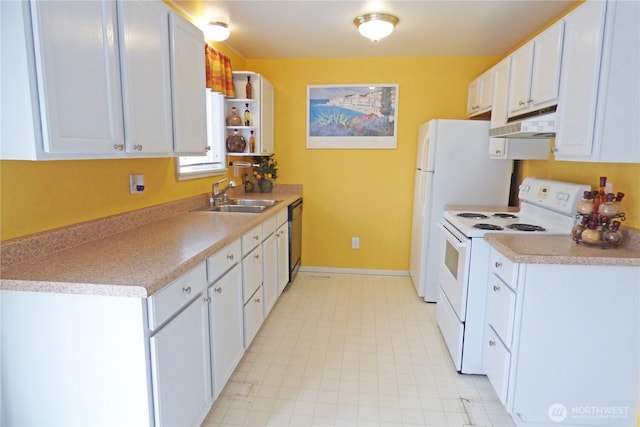 8703 Skokomish Way NE, Olympia, WA 98516 - kitchen featuring white range with electric cooktop, under cabinet range hood, dishwashing machine, white cabinetry, and light countertops
