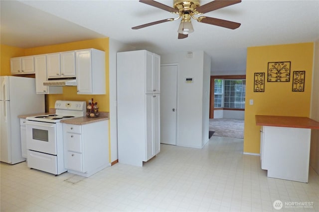 8703 Skokomish Way NE, Olympia, WA 98516 - kitchen with white appliances, under cabinet range hood, white cabinetry, a ceiling fan, and light flooring